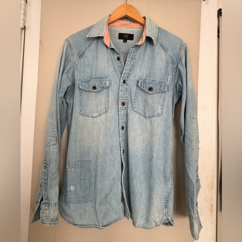 Men's Frye Distressed Denim Button Down Shirt Small